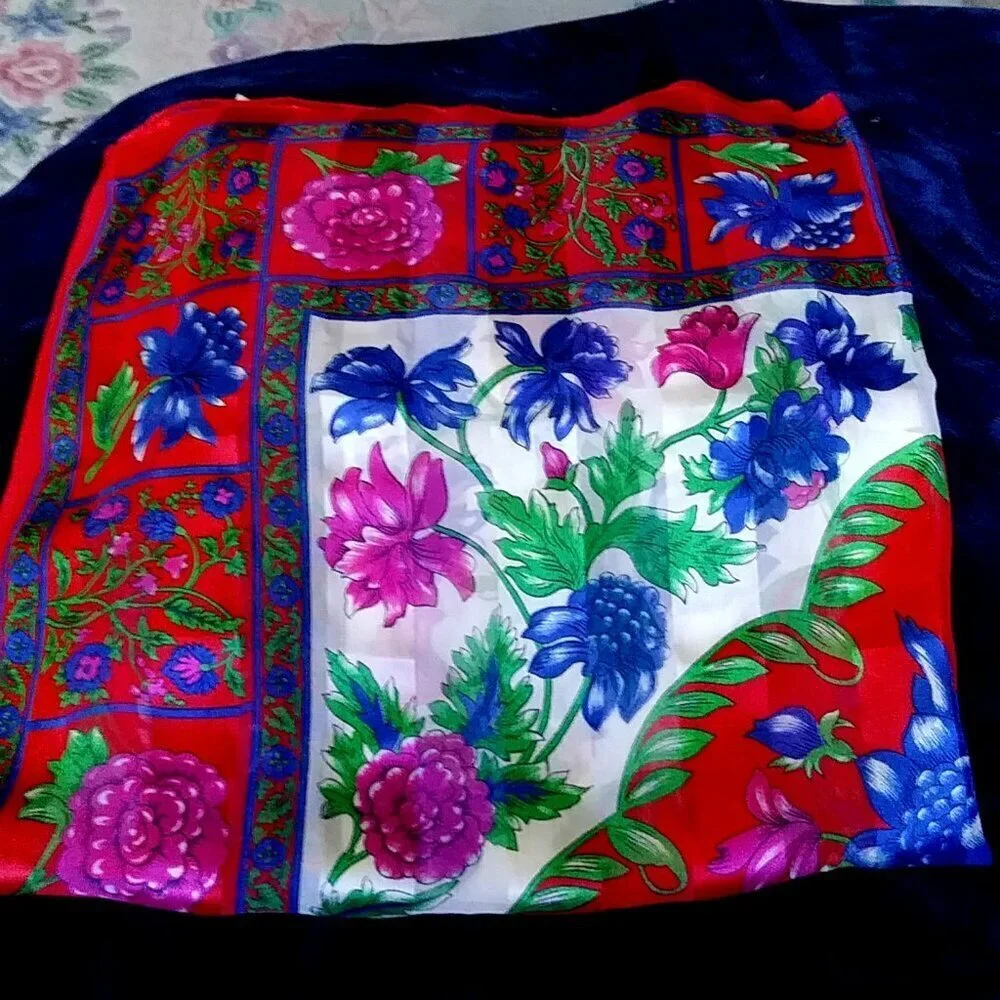Beautiful Vintage Floral Red, Purple, Blue and Green Scarf